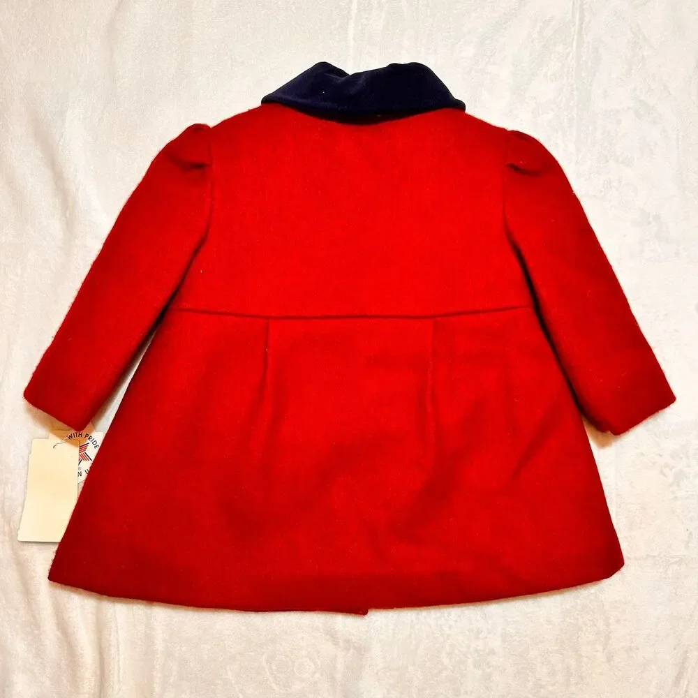 NWT Vintage Skyline red pea coat with blue velvet collar and floral trim 2t